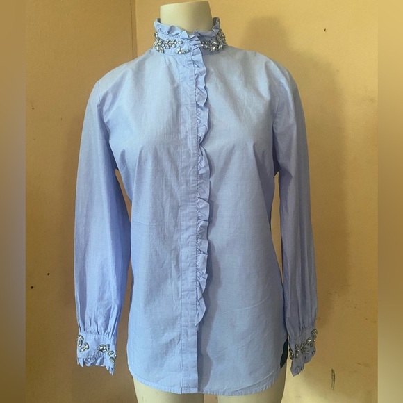J. Crew Blue 3/4 Sleeve Ruffled Button Down Shirt - Picture 2 of 15